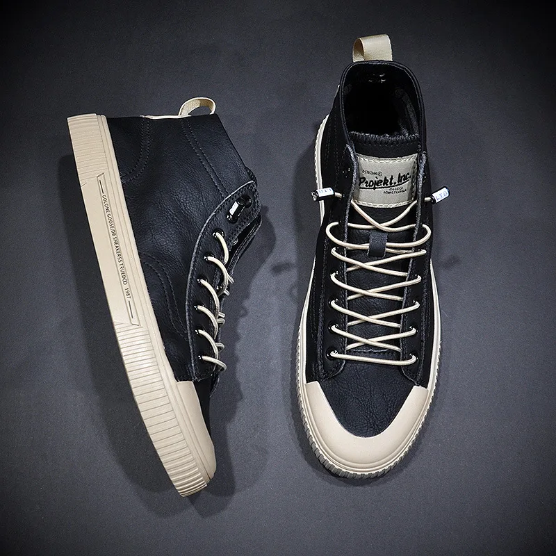 

Men Causal Shoes for Spring Summer High Top Lace-up Sneakers Stylish Black White Male Footwear Soft Leather Anti-skid Design