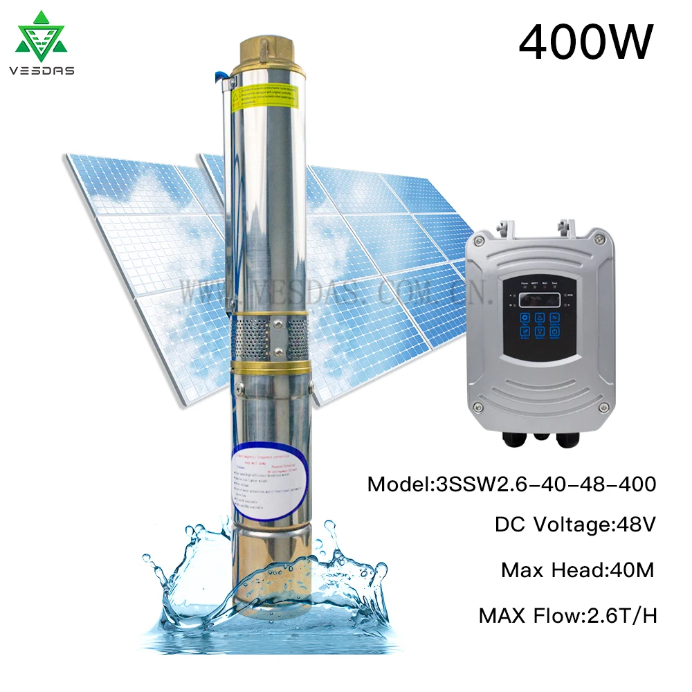 DC 48V 400W Солнечный водяной насос для глубокого колодца 2 6 T/H 40 м с бесщеточным