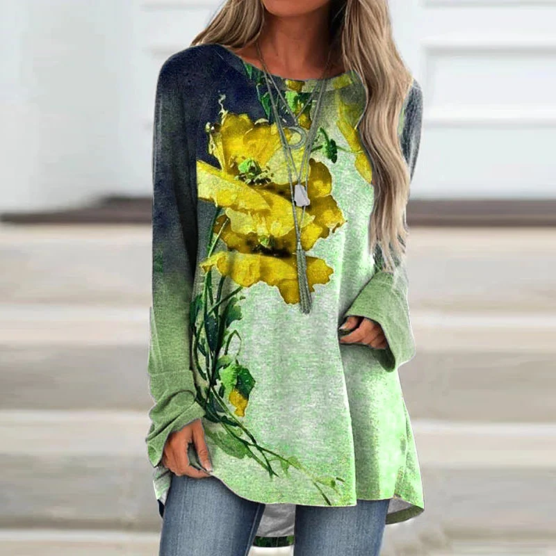 

Women Elegant Round Neck Long Sleeve Tops Autumn Winter All-match Pullover Fashion Printed Casual Loose Blouse Streetwear Shitrs