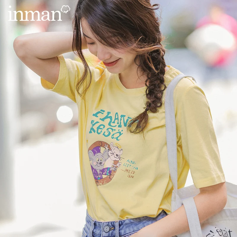 INMAN/Весенняя хлопковая свободная футболка с принтом животных Универсальная