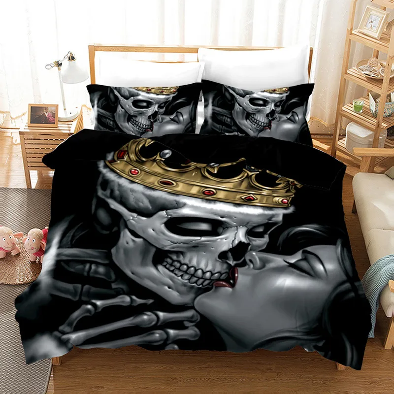 

3D digital love skull print three-piece full-size bedding set
