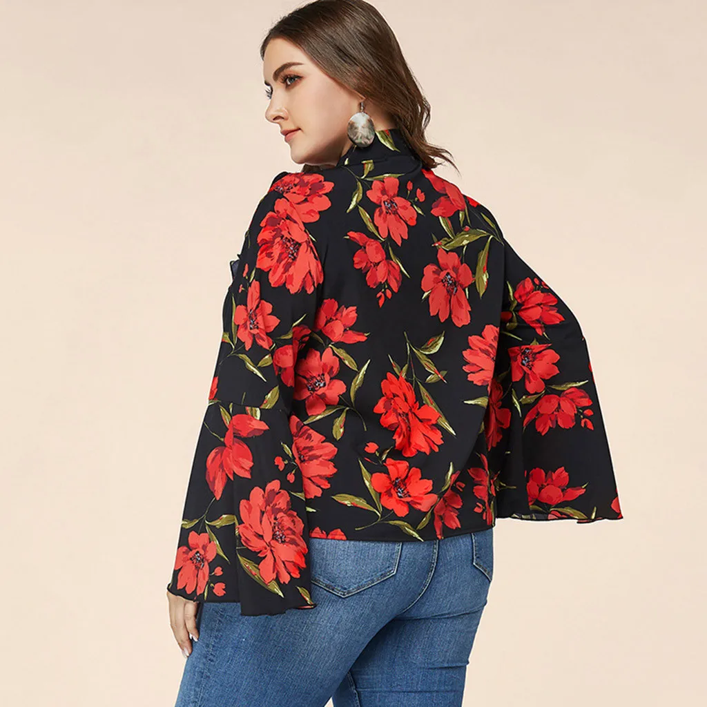Топы размера плюс женская блузка с цветочным принтом рукав-труба бант на шее топ