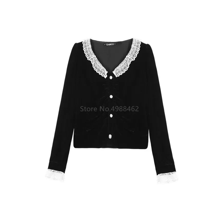 

Black Cute Lace Dance Party Vintage Women High Quality Long Sleeve Blouse V Neck Sexy Elegant Intellectual Slim Leisure Clothing