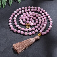 108 8mm kunzite beaded knotted japamala necklace meditation yoga spirit jewelry bracelet set tassel golden lotus charm for women
