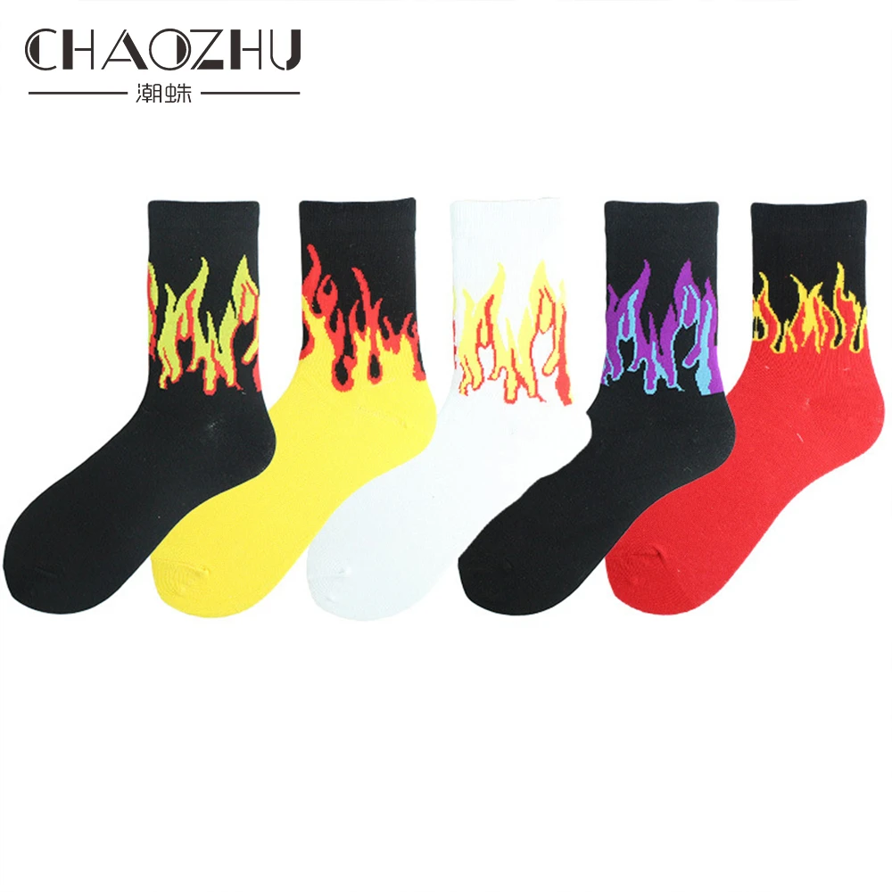 

Уличные модные Носки с рисунком пламени CHAOZHU в стиле хип-хоп для мальчиков и девочек, 5 цветов, хлопковые повседневные Модные кальсоны в стил...