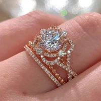 2pcsset new shining rose gold color white crystal rings set bridal flower engagement wedding band jewelry for women size 5 10