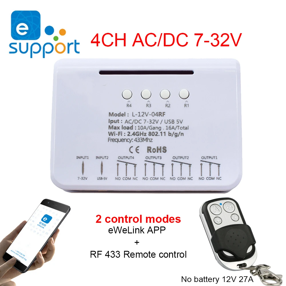 

eWeLink Wifi Switch Smart Remote Control Module 4CH DC 5V 12V 32V 110V AC 220V RF 433MHz Transmitter Receiver 10A Relays Module