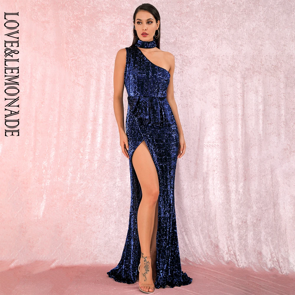 LOVE& LEMONADE A/W Сексуальные темно-синие Холтер без бретелек плечи Раффлед Сплит эластичные Блестки без рукавов вечерние платья макси LM81953