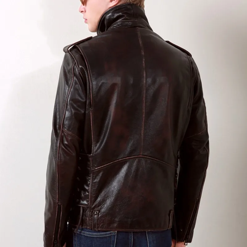 

New Brand Cow Leather Mens Slim Fit Vintage Outerwear Coats Chic Side Lace Up Lapel Genuine Leather Moto Biker Jackets Plus Size
