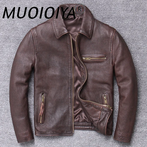 

Men Leather Jackets Vintage Genuine Cowhide Jacket for Men Style Brown Slim Biker Coats New Chaqueta Cuero Hombre SQQ336