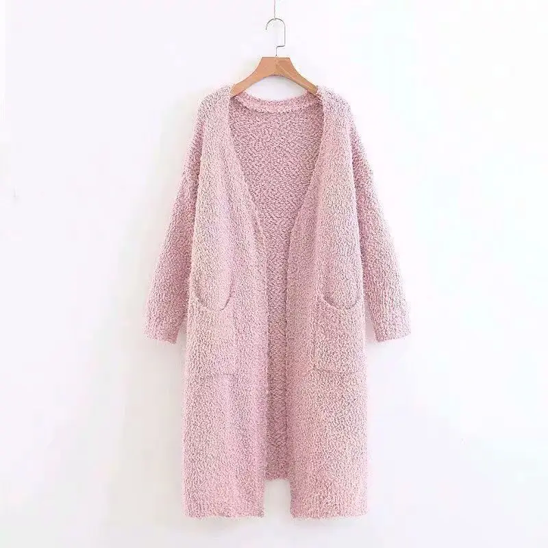 Мода Розовый Свитер Длинный Кардиган Женщин Открытый Стежка Зима Вязаный Пальто