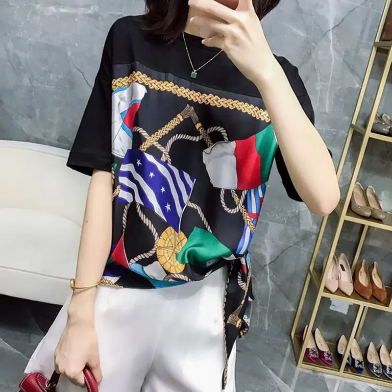 

Summer T Shirt Women Streetwear Printed White Tshirt Korean Style Loose Lace Up Hipster Female Plus Size Casual Black Tops Tees