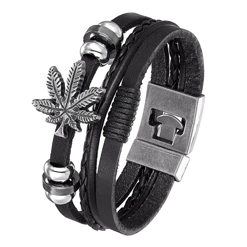 

2020 Lucky Vintage Leather Bracelet Men's Alloy Maple Leaf Multilayer Woven Woman Pulseira Masculina 7.87 "