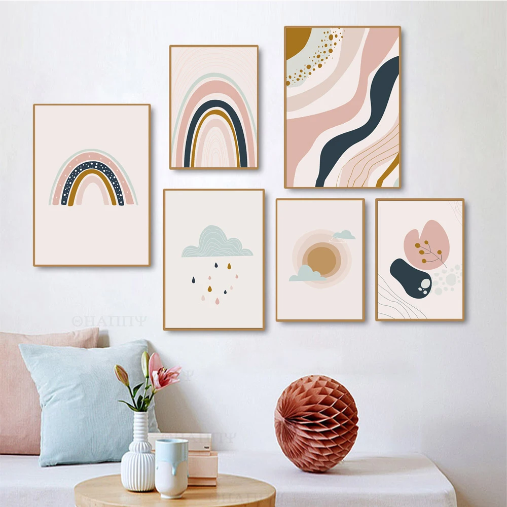 

Modern Geometric Minimalist Abstract Print Landscape Poster Rainbow Cloud Sun Nursery Wall Art Canvas Painting For kid'sRoom