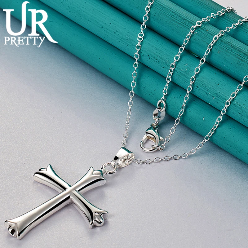 

URPRETTY 925 Sterling Silver Cross Pendant Necklace 16/18/20/22/24/26/28/30 Inch Snake Chain For Woman Party Wedding Jewelry
