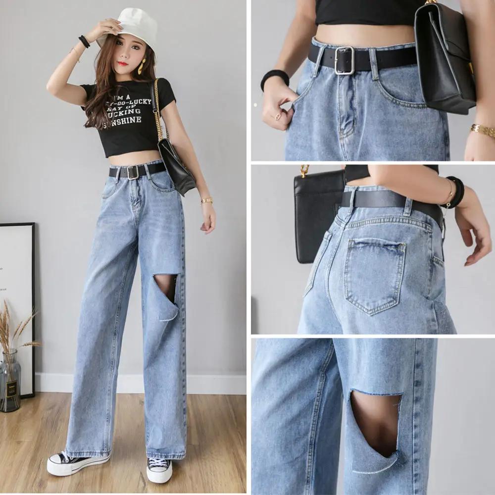 

Women Jeans High Waist Ripped Loose Jeans Fad Summer Casual Denim Trousers Wide Leg Light Blue Streetwear Vogue Vintage Pants