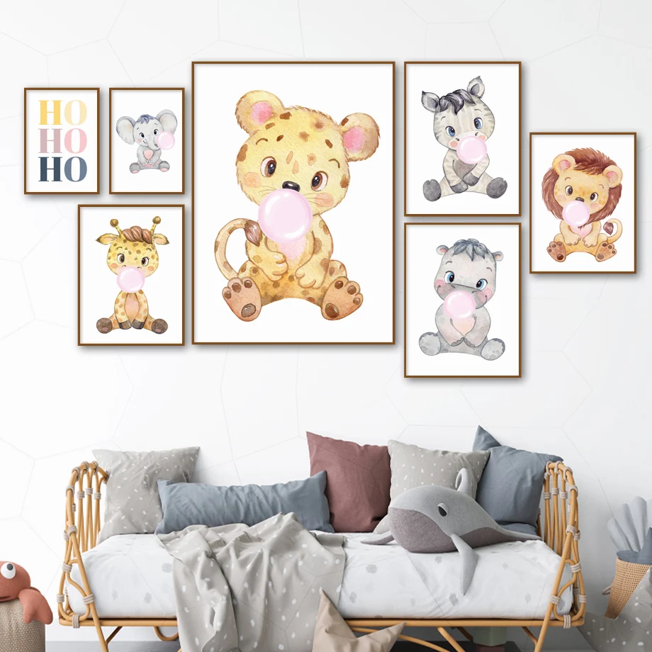 

Bubble Lion Elephant Giraffe Leopard Cartoon Art Canvas Painting Nordic Posters And Prints Wall Pictures For Kids Room Decor