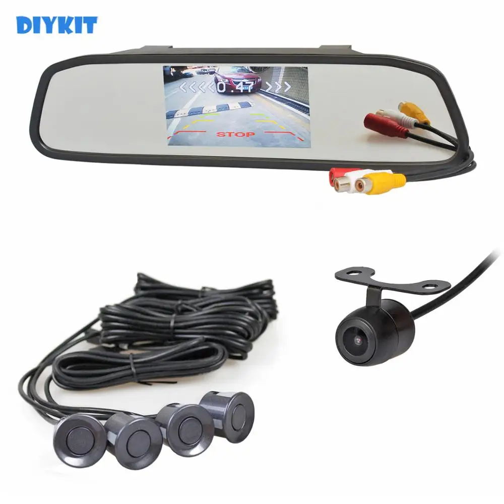 

DIYKIT Video Parking Radar 4 Sensors 4.3" Car Mirror Monitor + HD Rear View Car Camera Parking Assistance System Kit