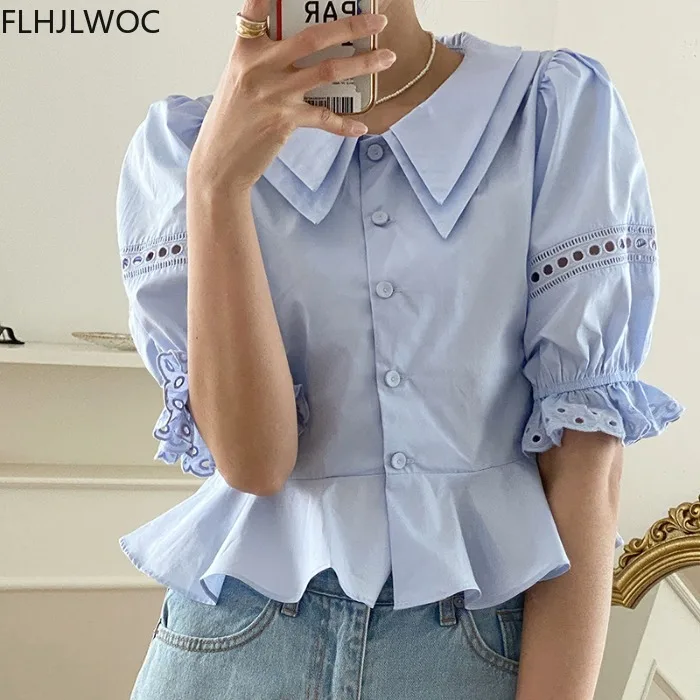 

Ruffled Summer Basic Office Lady Work Women Single Breasted Button Solid Hollow Out Peter Pan Collar Top Blue Shirts Blouses