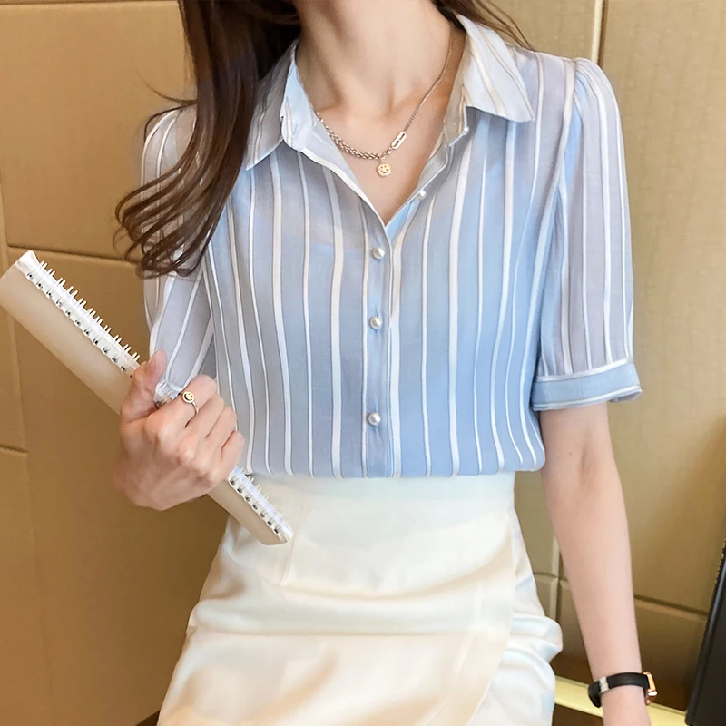 

Korean Fashion Chiffon Women Blouses Satin Short Sleeve Women Shirts Pattern Office Lady Blusas Largas Plus Size Womens Tops
