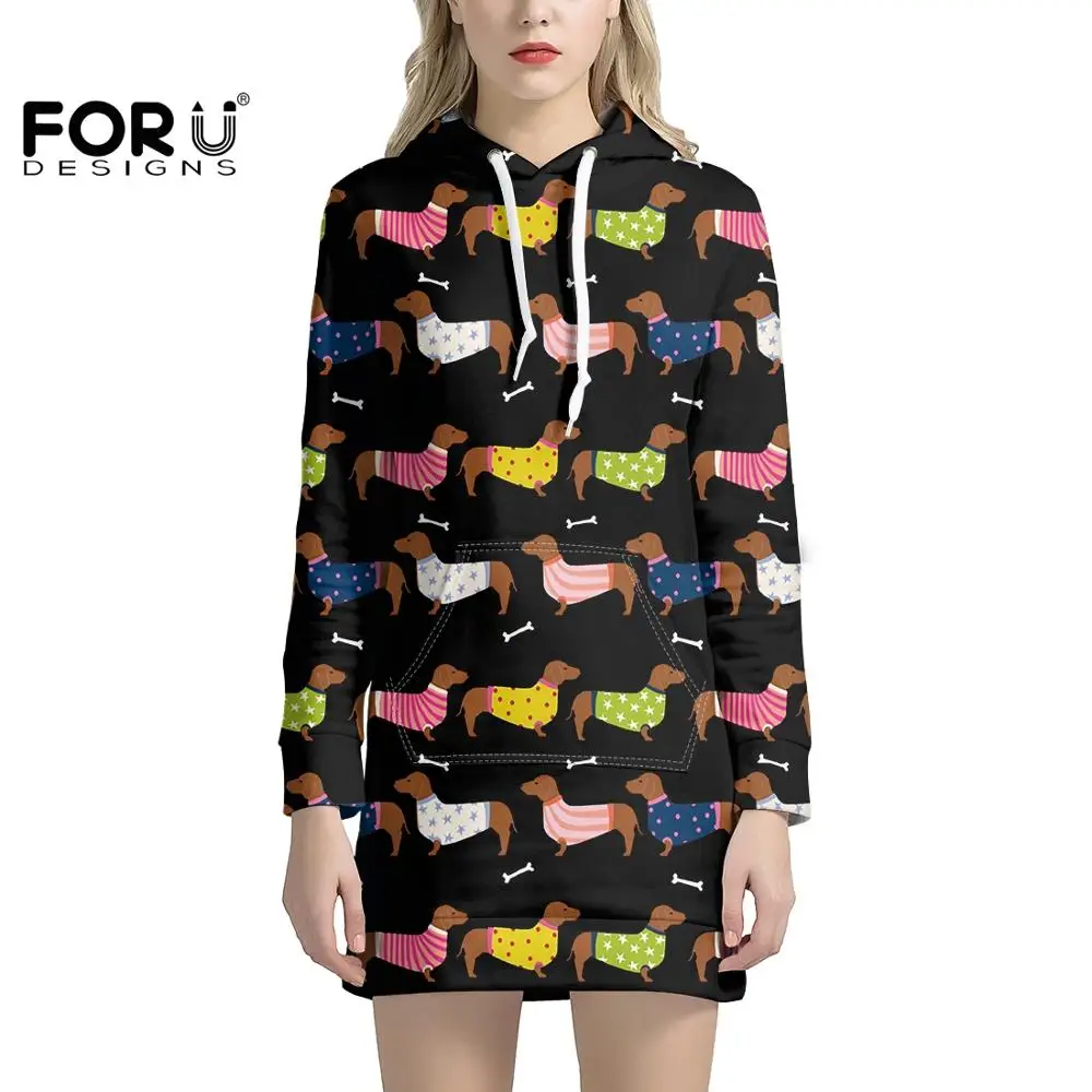 

Милое платье с капюшоном FORUDESIGNS с длинным рукавом, Черная/фиолетовая/синяя одежда, Такса, худи с мультяшным принтом, платье-пуловер, большие ...