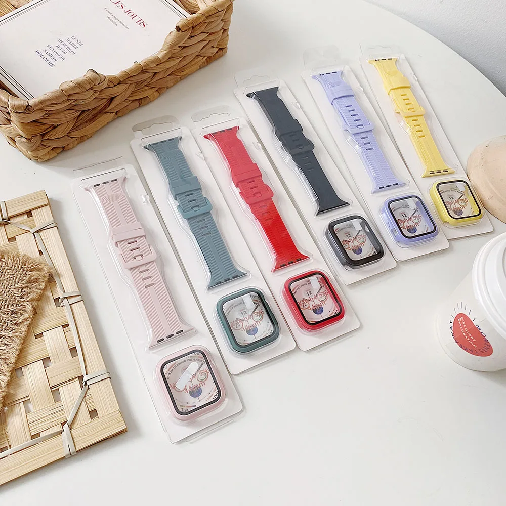 

Стекло + чехол + ремешок для Apple Watch Band 44 мм 40 мм 45 мм 42 мм, спортивный силиконовый браслет для iWatch Series 3 4 5 6 SE 7 6