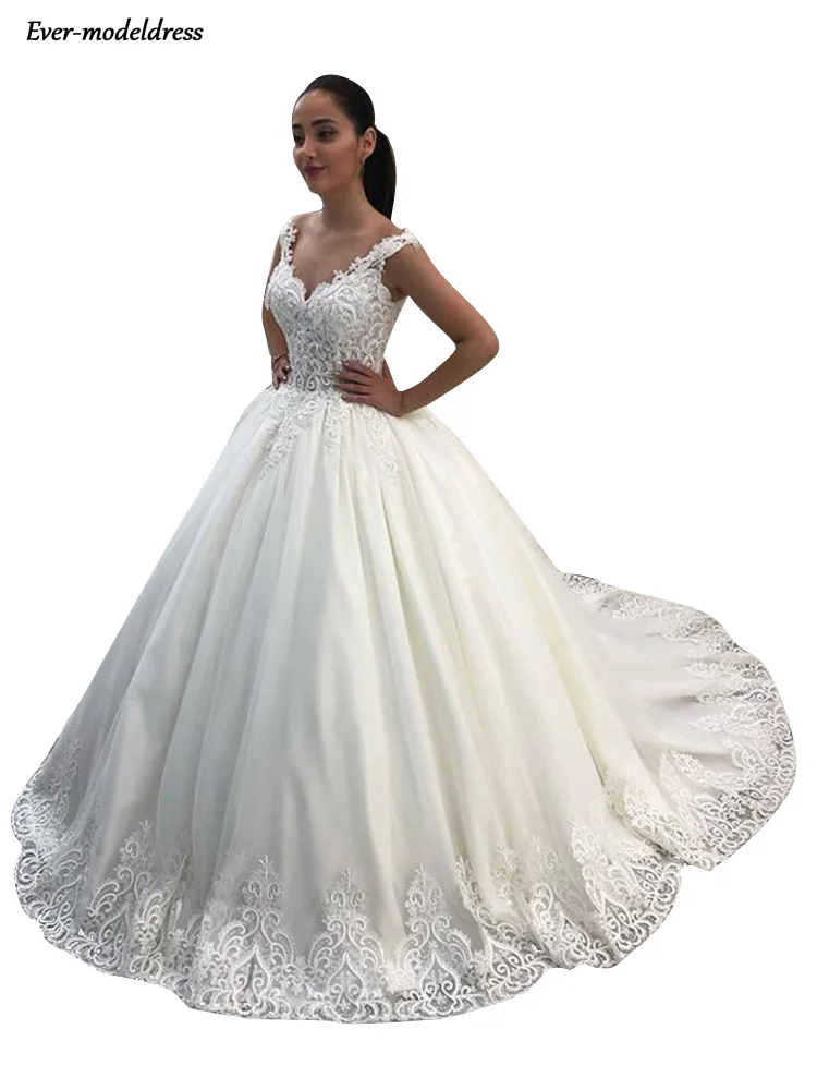 

2021 Princess Ball Gown Wedding Dresses V Neck Appliques Beading Sleeveless Bridal Dress Cheap Robe De Mariee Vestido de Noiva