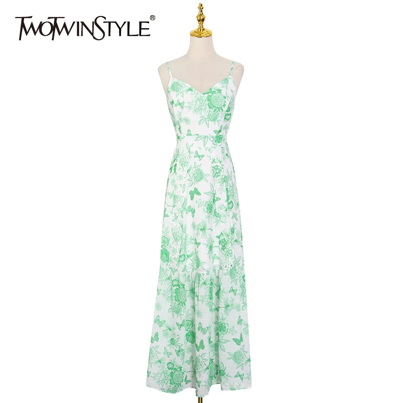 

TWOTWINSTYLE Bohemian Print Summer Dress For Women V Neck Sleeveless High Waist Hit Color Maxi Dresses Female 2021 Fashionable