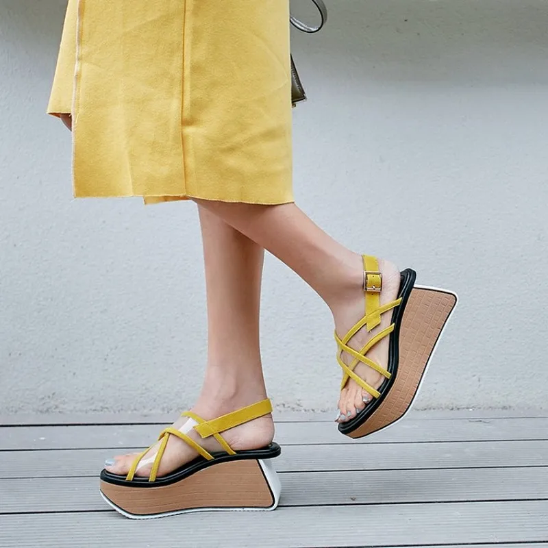 

Womens Peep Toe Clear Transparent PVC Belt Ankle Buckle Sandals Platform Real Leather Wedge High Heel Shoes Slingback C764