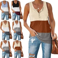 casual women sleeveless loose buttons v neck contrast color vest top street wear for workout contrast color top