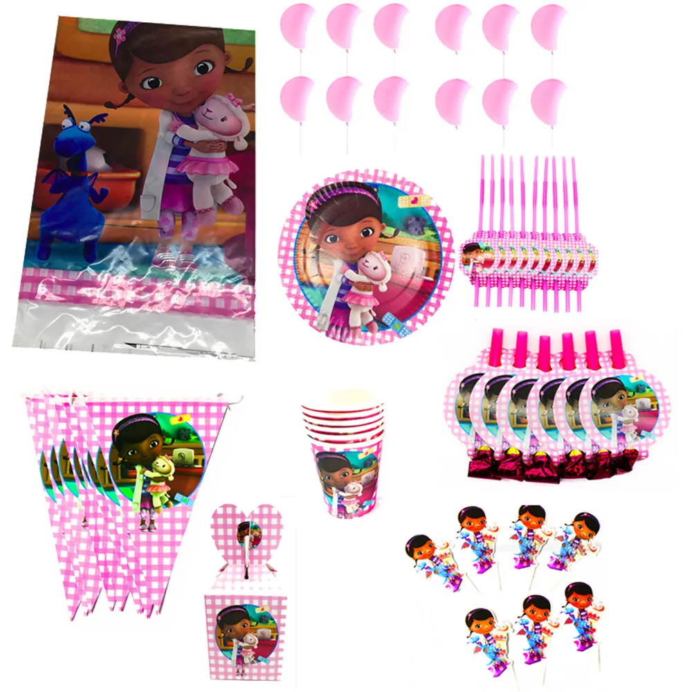 

97PcsDoc McStuffins Birthday Party Decorations Baby Shower Doc McStuffins Theme Disposable Napkins Tablecloths Plates Straws