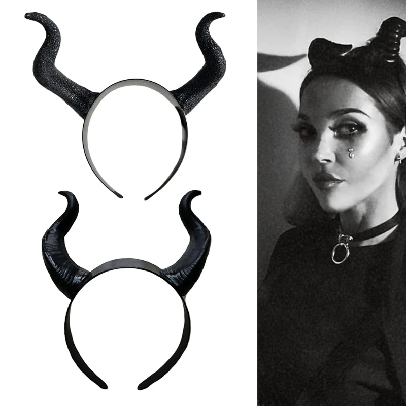 

Halloween Witch Black Long Ox Horn Headband Movie Demon Evil Queen Glitter Hair Hoop Gothic Cosplay Costume Masquerade Headpiece