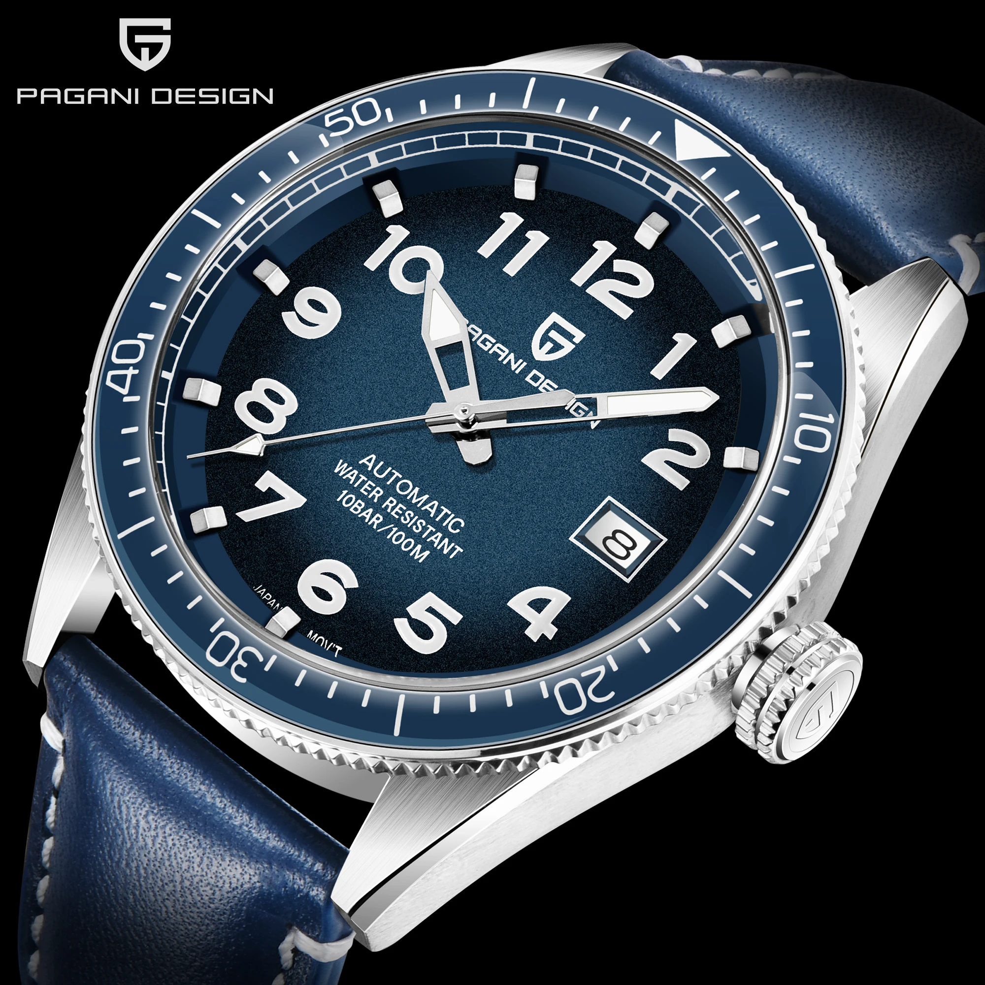 

Top Brand Luxury Watch Men Sapphire Blue Watch Men's Mechanical Watches Man Date Leather Strap Waterproof 100M Sport Wrsitwatch