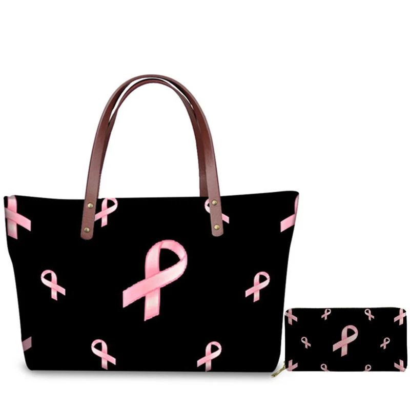 

Модные сумки-мессенджеры, женская сумка через плечо с принтом для информирования о раке груди, 2 шт., большие сумочки, кошелек для женщин, кош...