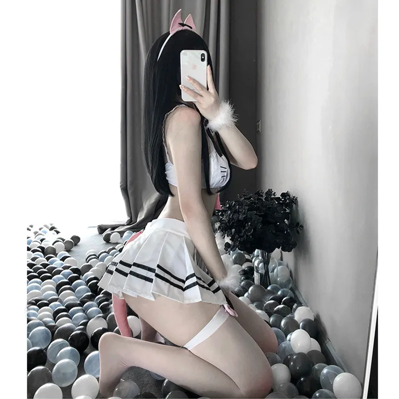 Аниме Косплей костюмы Кот Cos короткие мини юбка Комплект эротического Kawaii Белый