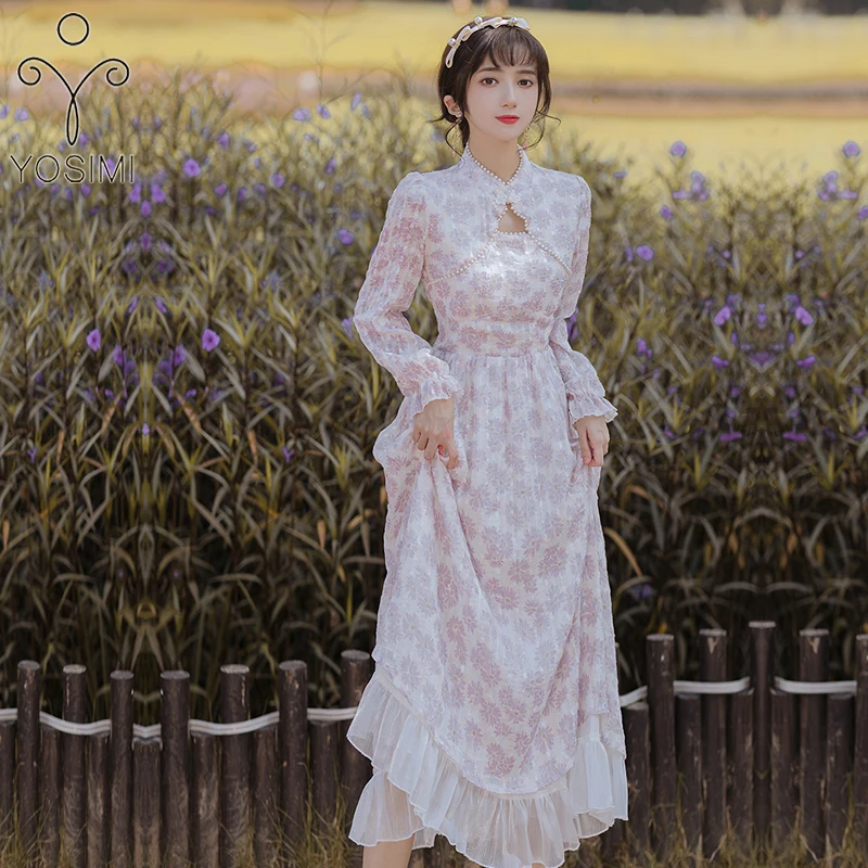 

Женское праздничное платье YOSIMI в китайском стиле, элегантное осеннее платье-миди трапециевидного силуэта с длинным рукавом и цветочным при...