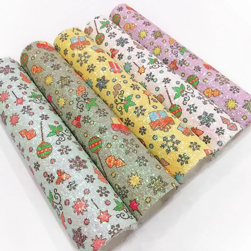 

Snowflake/Gift/Candy Pattern Printed Colorful Shiny Chunky Glitter Faux Leather Fabric Sheet for Christmas Decoration