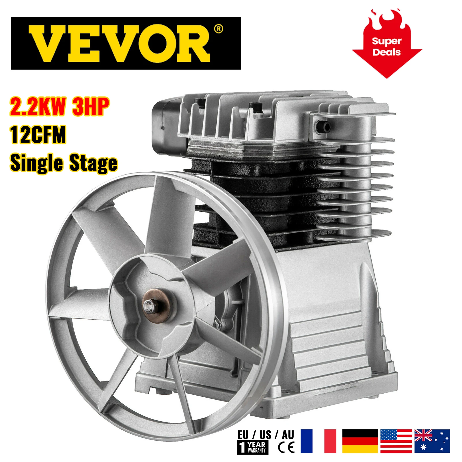 

VEVOR 2.2KW Air Compressor Heads 12CFM Twin Cylinder 3 HP Single Stage 1300RPM Piston Pump Suitable for Farm Industry Machinery