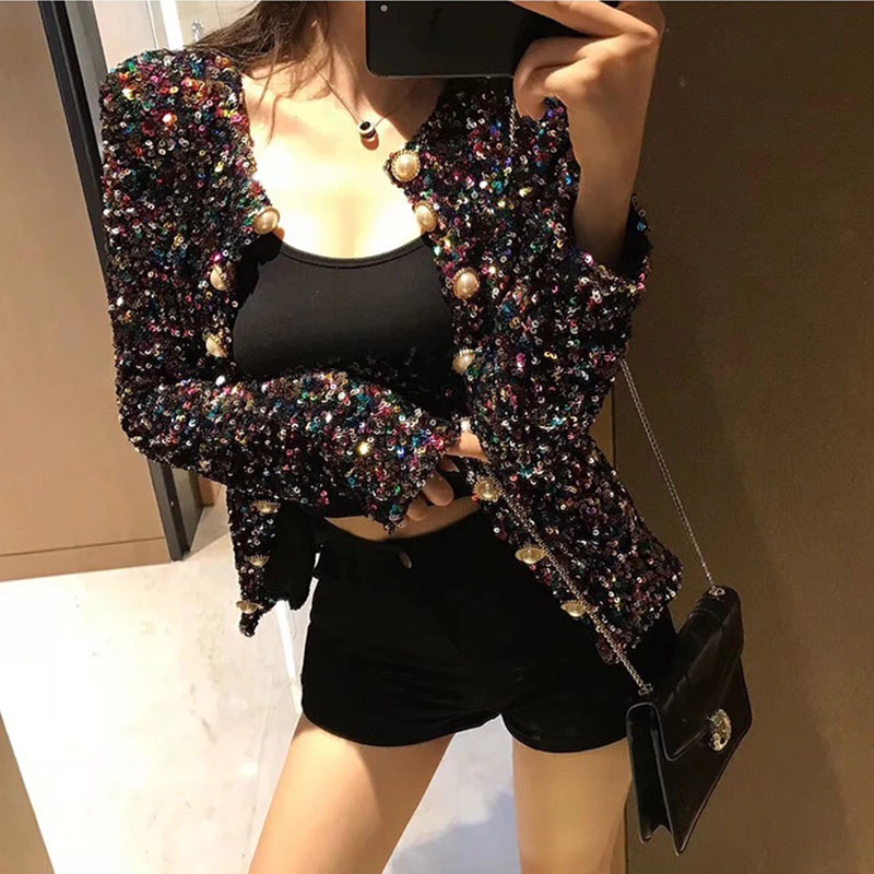 Новинка 2020 короткая женская куртка весна-осень цветное пальто с блестками