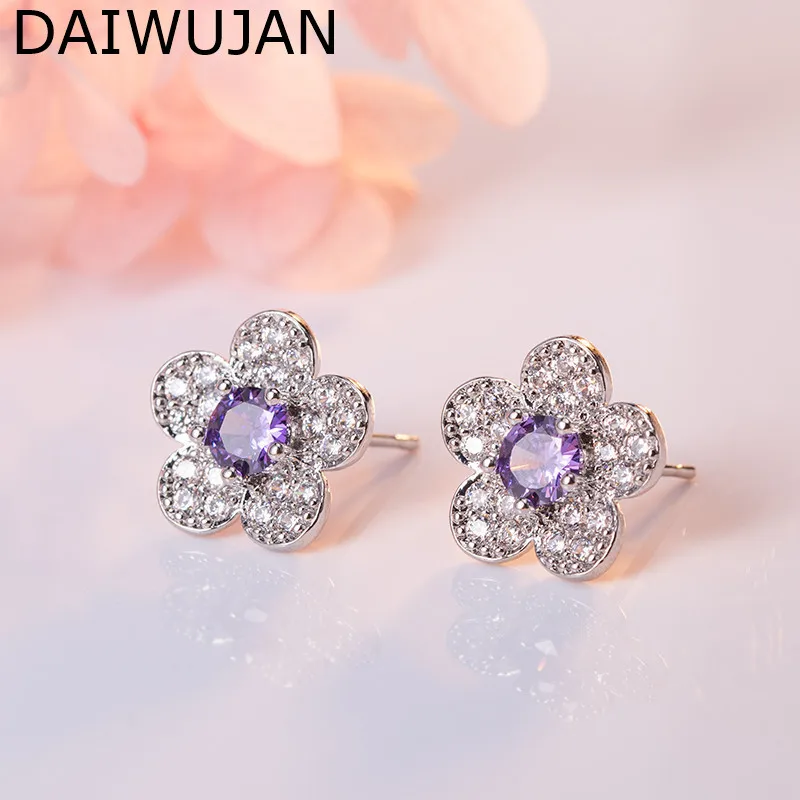 

DAIWUJAN Sweet Full Zircon Flower Stud Earrings For Women Girl 925 Sterling Silver Purple Crystal Earrings Party Wedding Jewelry