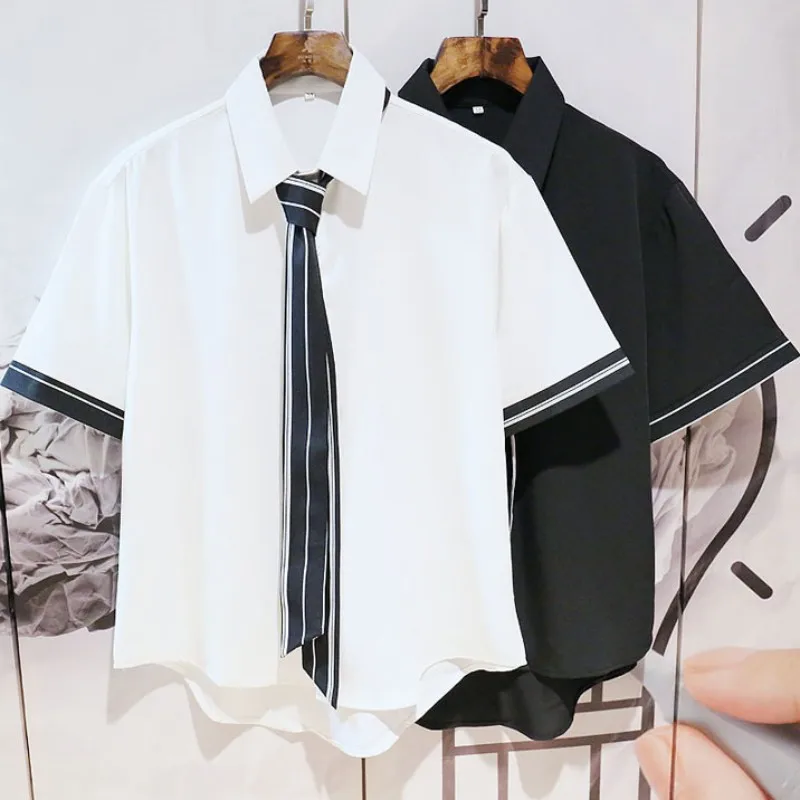 

Summer Mens Casual Short Sleeve Tie Shirt Striped Student Boys Uniform Top Streetwear Black White Loose Fit Male Shirt Tops Wear
