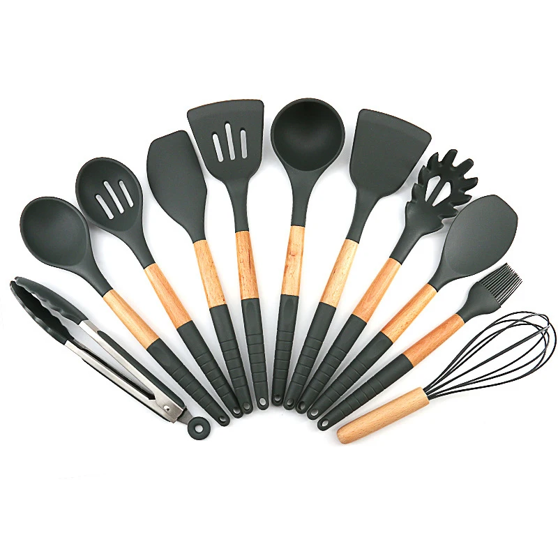 

E Kitchen Utensil 11pcs Silicone Baking Utensil Set with Storage Bucket Wooden Cooking Tool Non-stick With Hanging Hole ds99