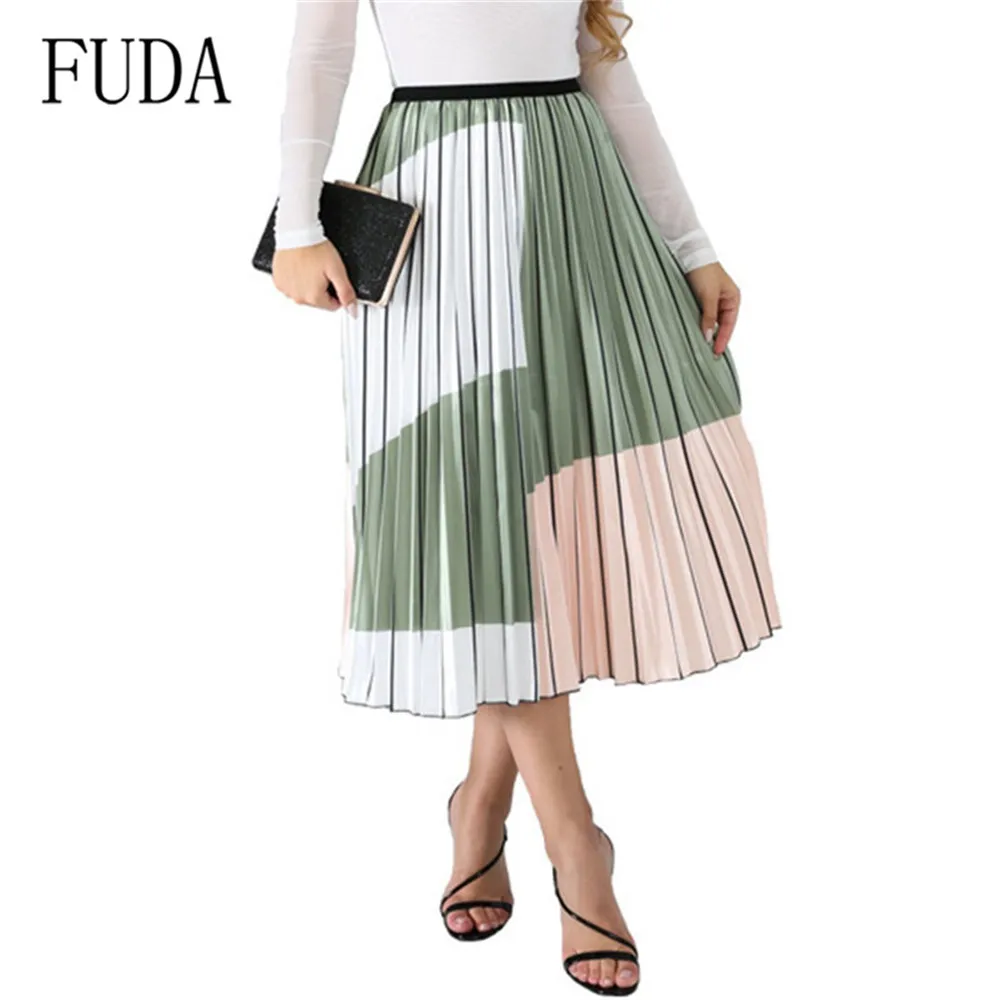 Grass Green FUDA неоновый цвет, Летние Элегантные богемные шифоновые гофрированные длинные юбки, эластичная талия, Женская Повседневная пляжная Макси-юбка в пол - Цвет: Grass Green