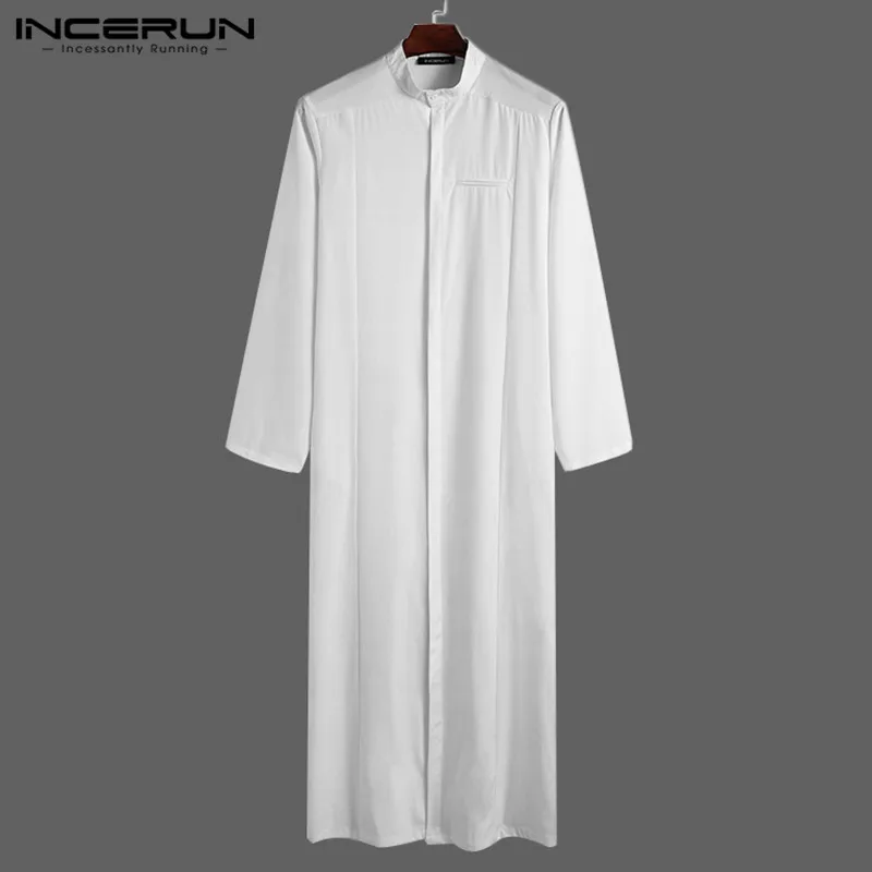 INCERUN Men Muslim Clothes Solid Color Jubba Thobe Long Sleeve Stand Collar Robes Dubai Middle East Men Islamic Arabic Kaftan