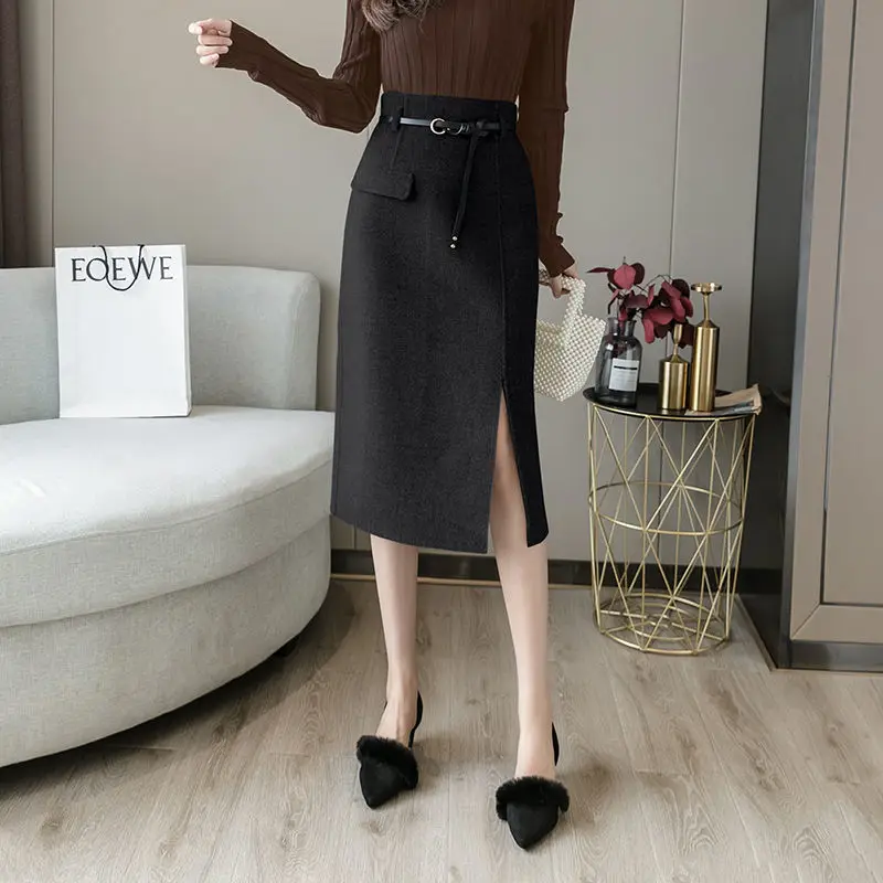 

Winter Retro Woolen Skirt Female Autumn and Winter 2021 New Hight Waist Pencil Skirt Women Slim Thick Skirts Womens Mujer Y131