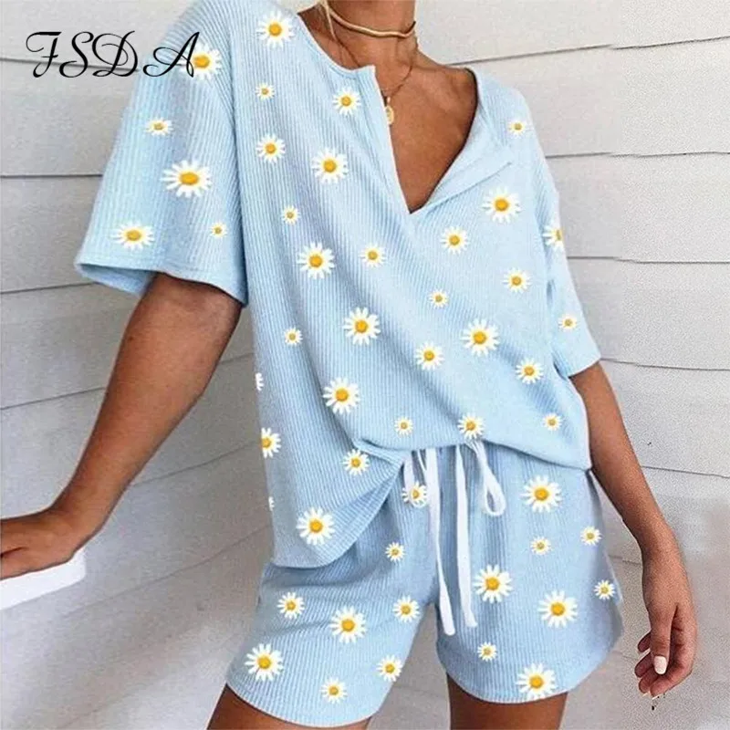 FSDA V Neck Floral Print Loose Women Set Short Sleeve Top Shirt And Shorts Casual Two Piece Home Blue Outfit Suit Sports | Женская