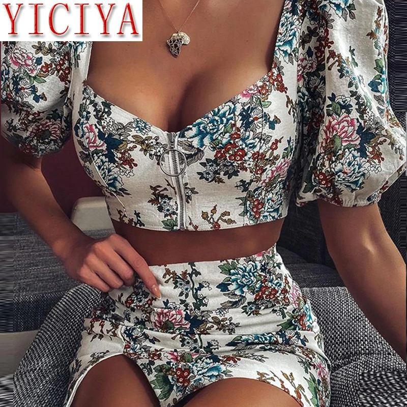 Женский комплект из двух предметов с цветочным принтом и юбкой|Спортивные