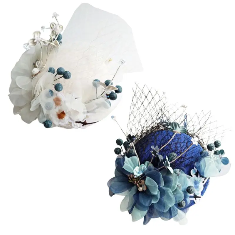 

Korean Handmade Wedding Bridal Fascinators Pillbox Hat Vintage Mesh Artificial Blue Beige Flower Duckbill Hair Clips Photo Props