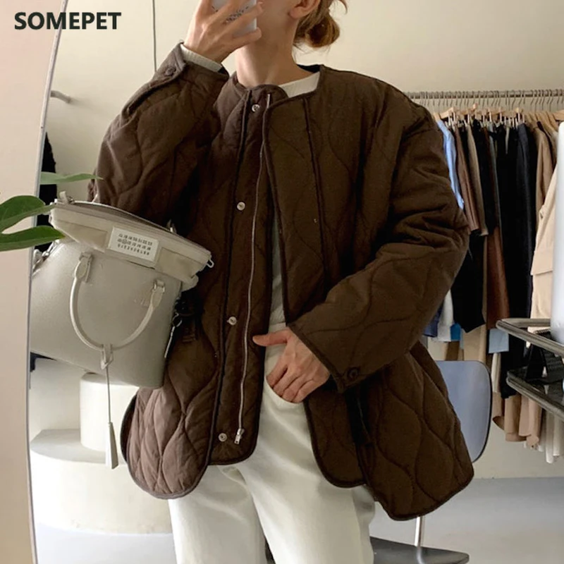 

New Winter Solid Women Coat Office Lady O-Neck Thick Warm Loose Casual Jacket Female Outwear Elegant Tops