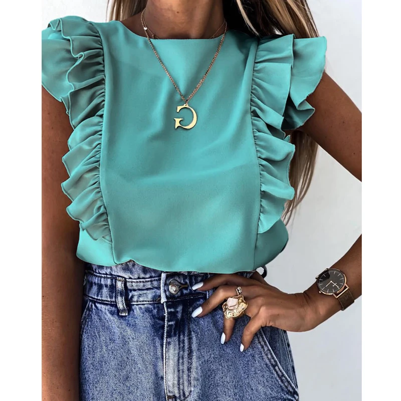 

2021 Summer Solid Color Plus Size Ladies Casual Pleated Slim Fit Elegant Ruffled Short-Sleeved Round Neck Top T-Shirt